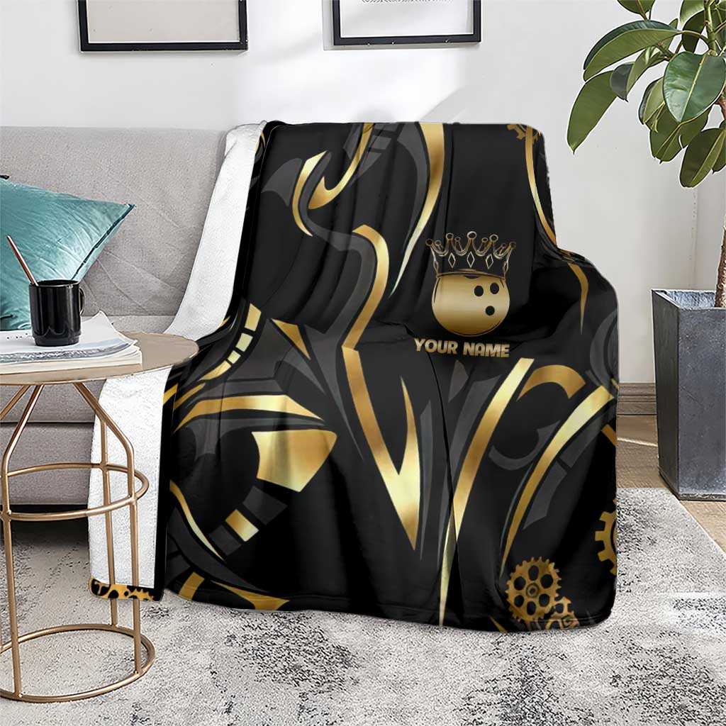 Personalized Golden Tribal Bowling Ball Emblem Blanket with Black Abstract Metallic Pattern - Wonder Print Shop