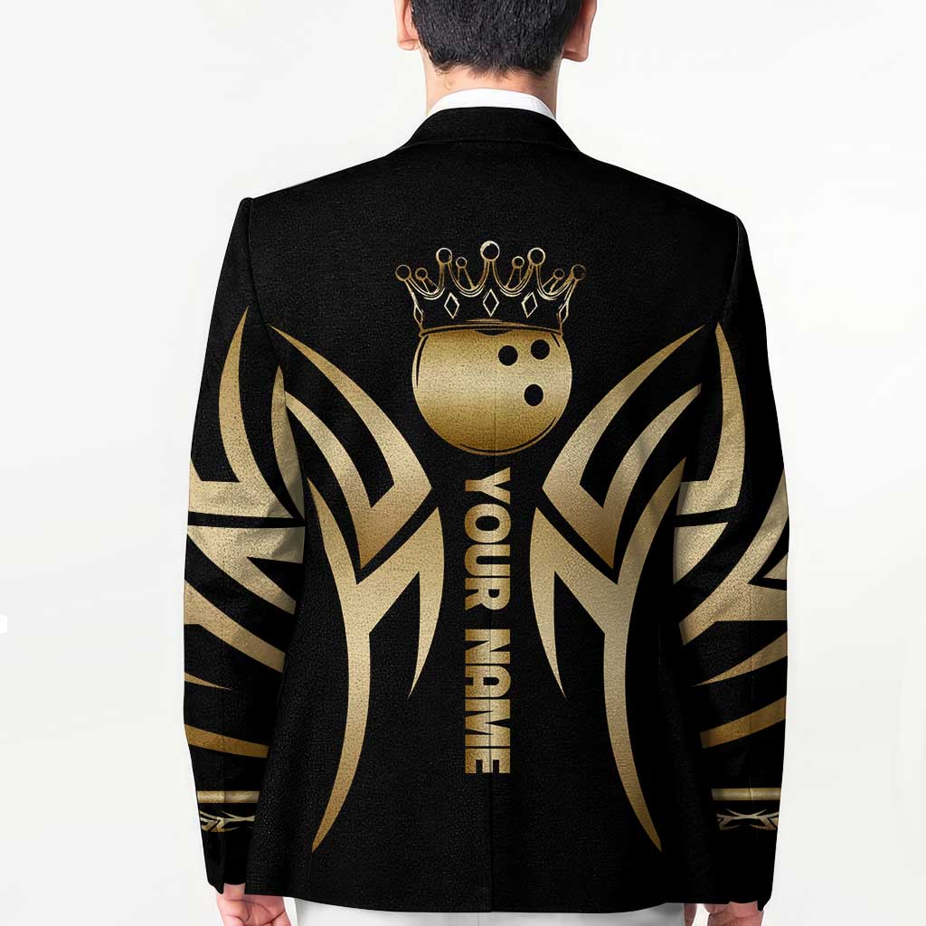 Personalized Golden Tribal Bowling Ball Emblem Blazer with Black Abstract Metallic Pattern - Wonder Print Shop
