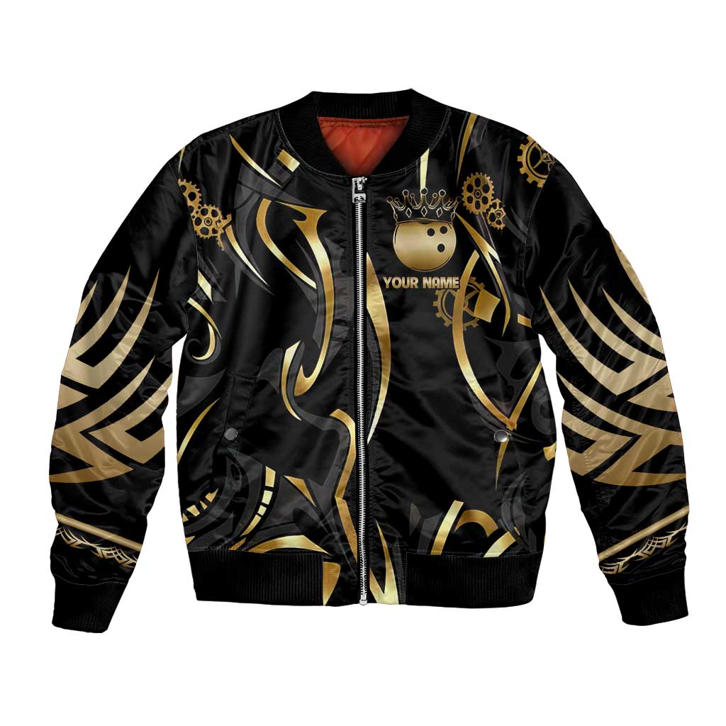 Personalized Golden Tribal Bowling Ball Emblem Bomber Jacket with Black Abstract Metallic Pattern - Wonder Print Shop
