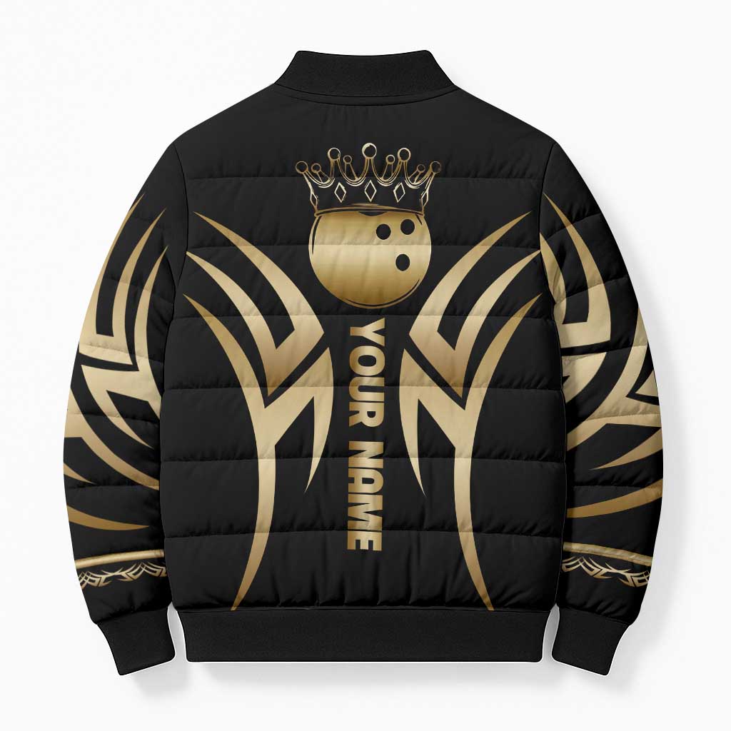 Personalized Golden Tribal Bowling Ball Emblem Bomber Puffer Jacket with Black Abstract Metallic Pattern - Wonder Print Shop