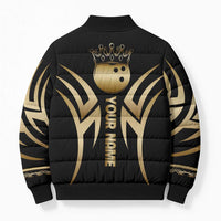 Personalized Golden Tribal Bowling Ball Emblem Bomber Puffer Jacket with Black Abstract Metallic Pattern - Wonder Print Shop