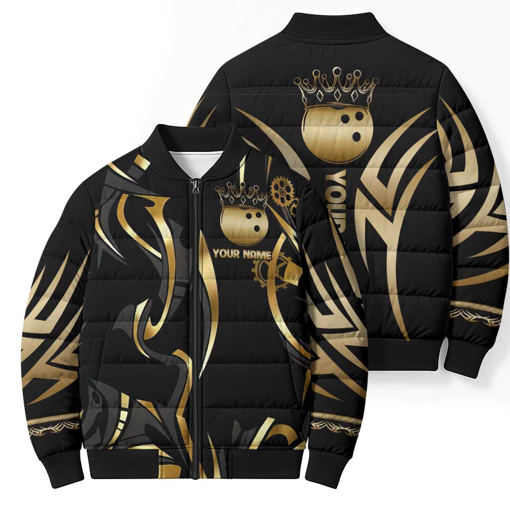 Personalized Golden Tribal Bowling Ball Emblem Bomber Puffer Jacket with Black Abstract Metallic Pattern - Wonder Print Shop