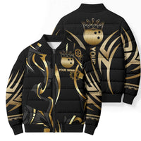 Personalized Golden Tribal Bowling Ball Emblem Bomber Puffer Jacket with Black Abstract Metallic Pattern - Wonder Print Shop