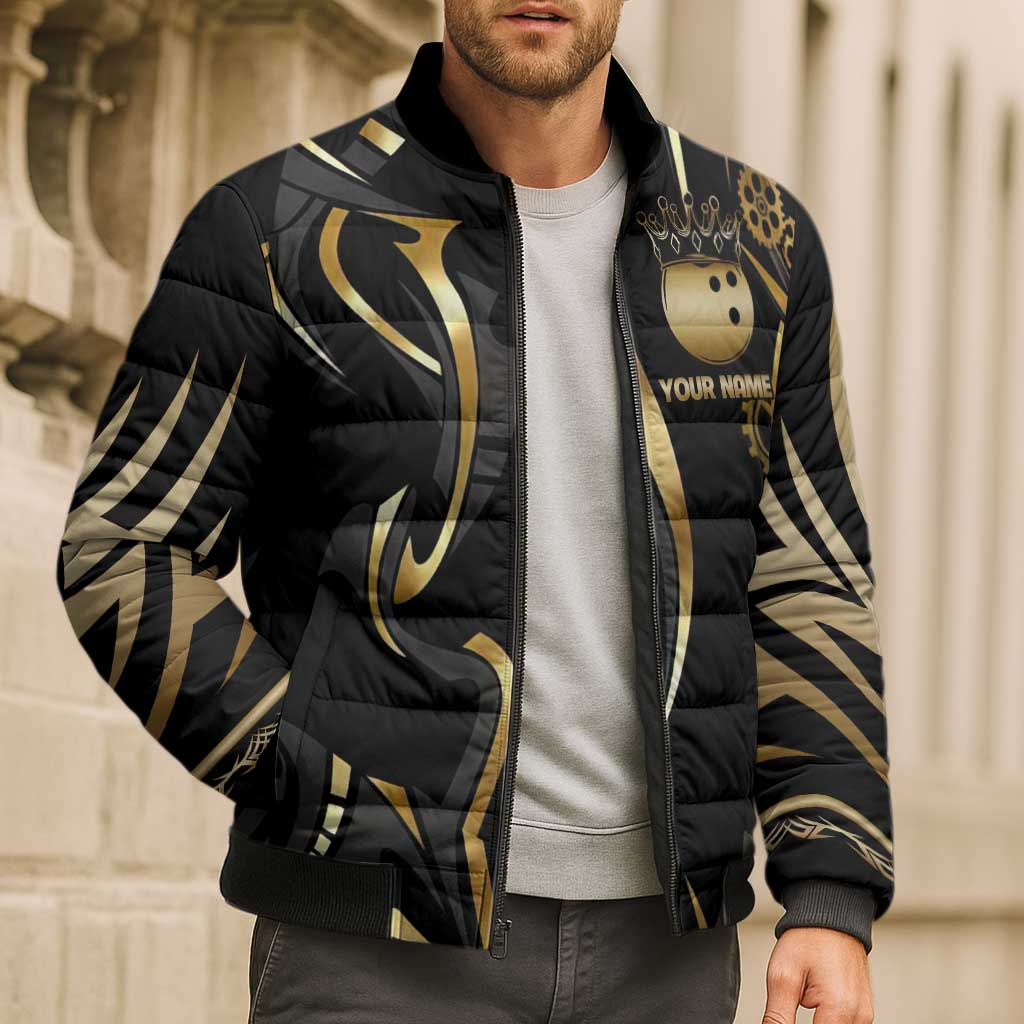 Personalized Golden Tribal Bowling Ball Emblem Bomber Puffer Jacket with Black Abstract Metallic Pattern - Wonder Print Shop
