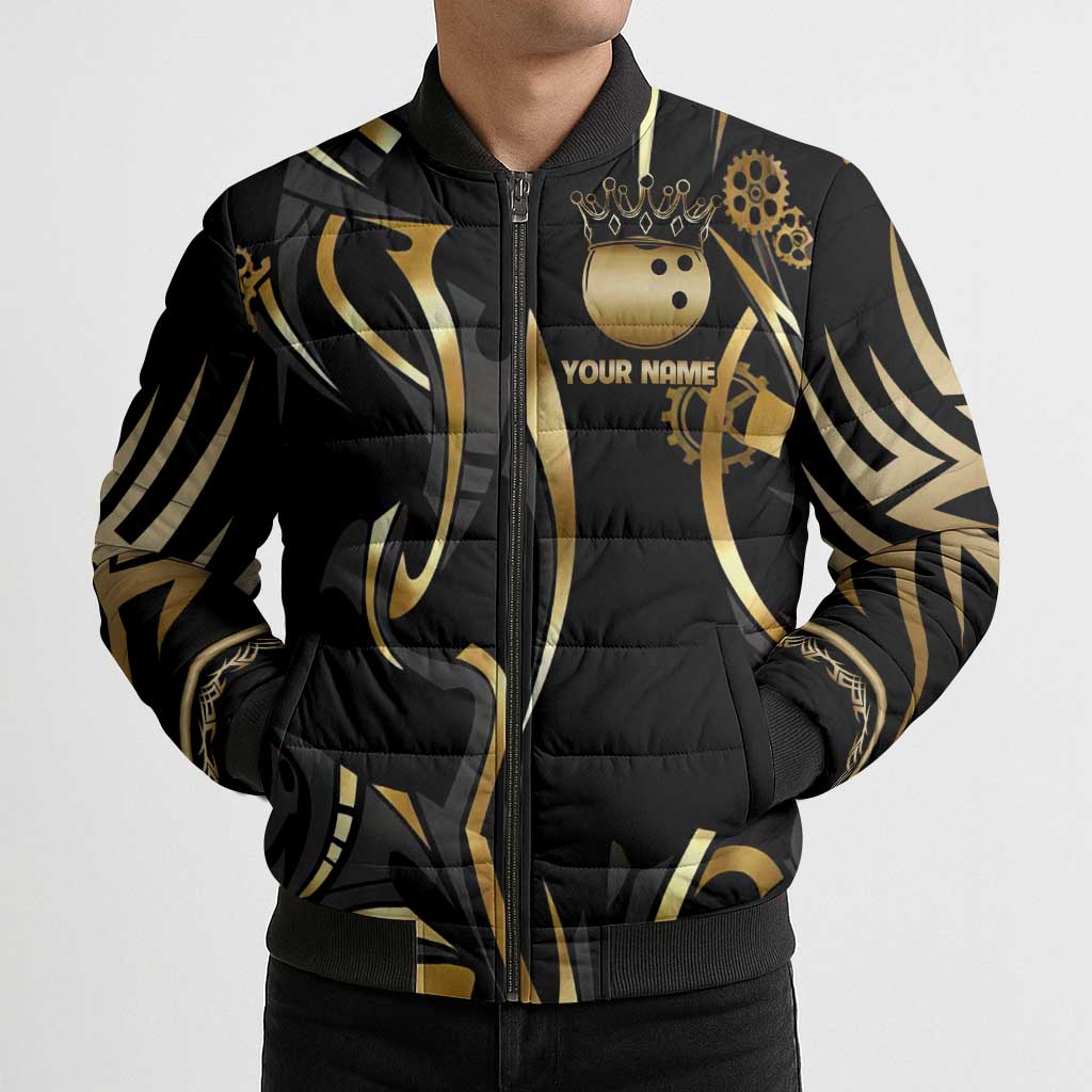 Personalized Golden Tribal Bowling Ball Emblem Bomber Puffer Jacket with Black Abstract Metallic Pattern - Wonder Print Shop