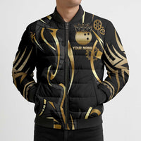 Personalized Golden Tribal Bowling Ball Emblem Bomber Puffer Jacket with Black Abstract Metallic Pattern - Wonder Print Shop