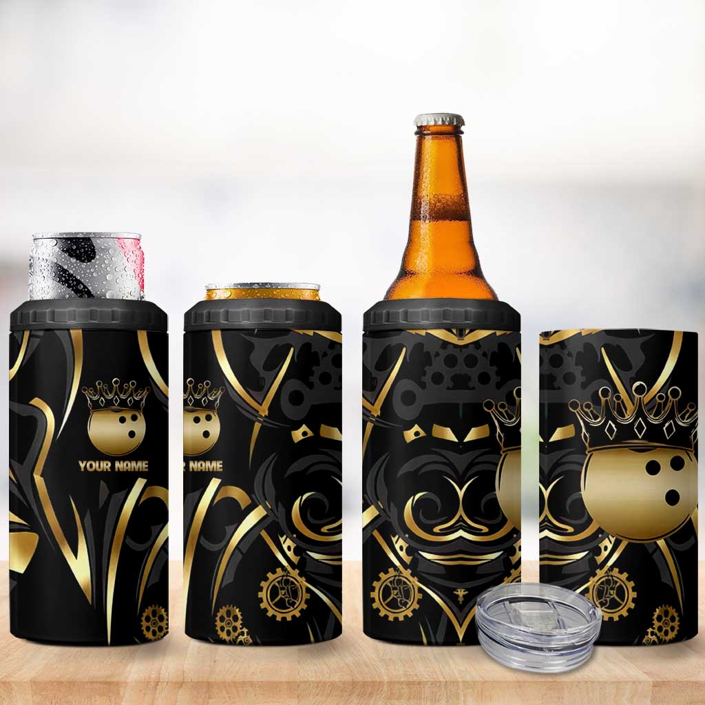 Personalized Golden Tribal Bowling Ball Emblem 4 in 1 Can Cooler Tumbler with Black Abstract Metallic Pattern - Wonder Print Shop