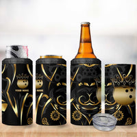 Personalized Golden Tribal Bowling Ball Emblem 4 in 1 Can Cooler Tumbler with Black Abstract Metallic Pattern - Wonder Print Shop