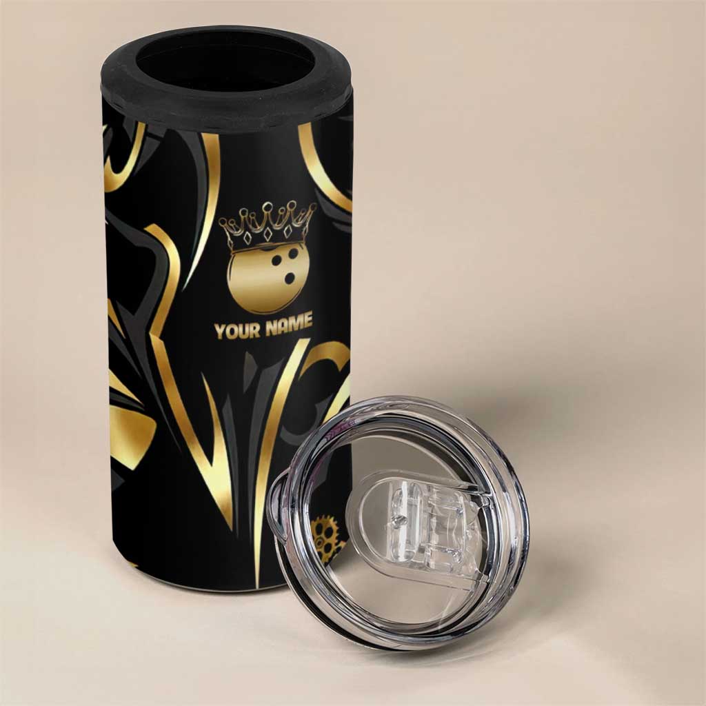 Personalized Golden Tribal Bowling Ball Emblem 4 in 1 Can Cooler Tumbler with Black Abstract Metallic Pattern - Wonder Print Shop