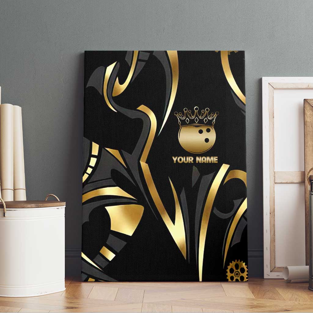 Personalized Golden Tribal Bowling Ball Emblem Canvas Wall Art with Black Abstract Metallic Pattern - Wonder Print Shop