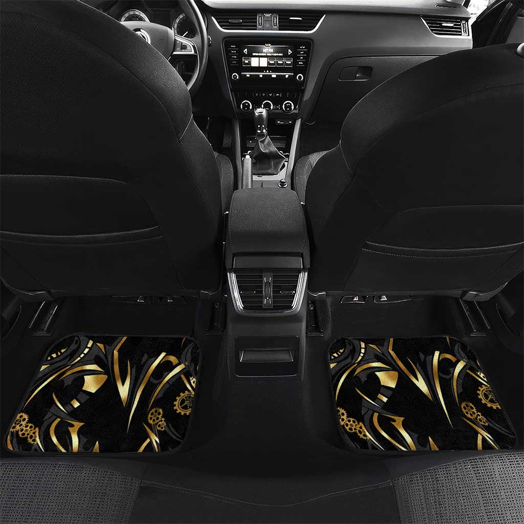 Personalized Golden Tribal Bowling Ball Emblem Car Mats with Black Abstract Metallic Pattern - Wonder Print Shop