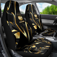 Personalized Golden Tribal Bowling Ball Emblem Car Seat Cover with Black Abstract Metallic Pattern - Wonder Print Shop