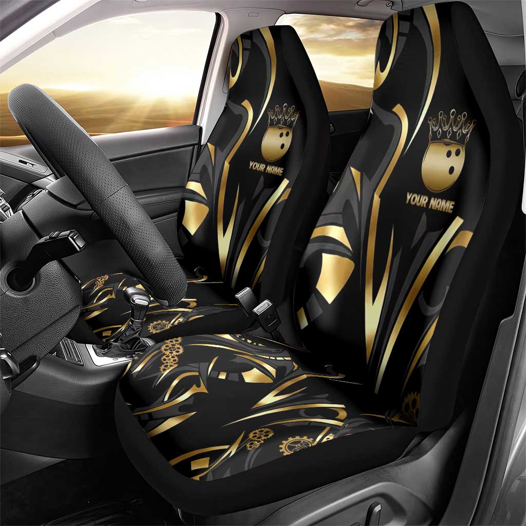 Personalized Golden Tribal Bowling Ball Emblem Car Seat Cover with Black Abstract Metallic Pattern - Wonder Print Shop