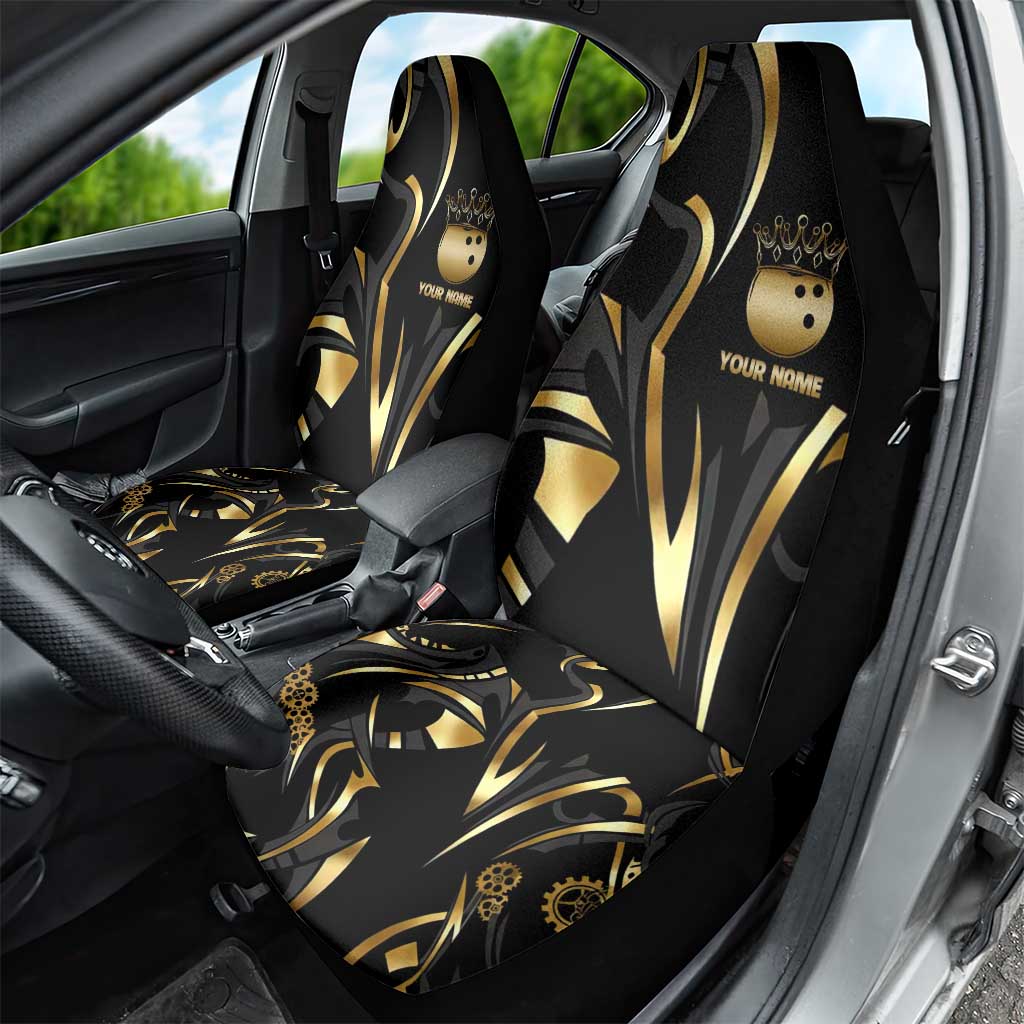 Personalized Golden Tribal Bowling Ball Emblem Car Seat Cover with Black Abstract Metallic Pattern - Wonder Print Shop