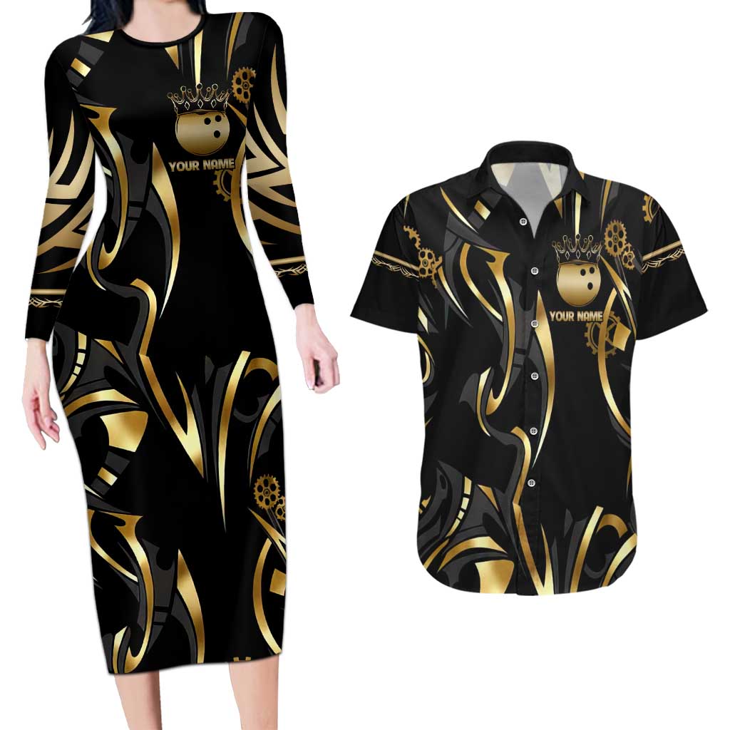 Personalized Golden Tribal Bowling Ball Emblem Couples Matching Long Sleeve Bodycon Dress and Hawaiian Shirt with Black Abstract Metallic Pattern - Wonder Print Shop