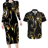 Personalized Golden Tribal Bowling Ball Emblem Couples Matching Long Sleeve Bodycon Dress and Hawaiian Shirt with Black Abstract Metallic Pattern - Wonder Print Shop