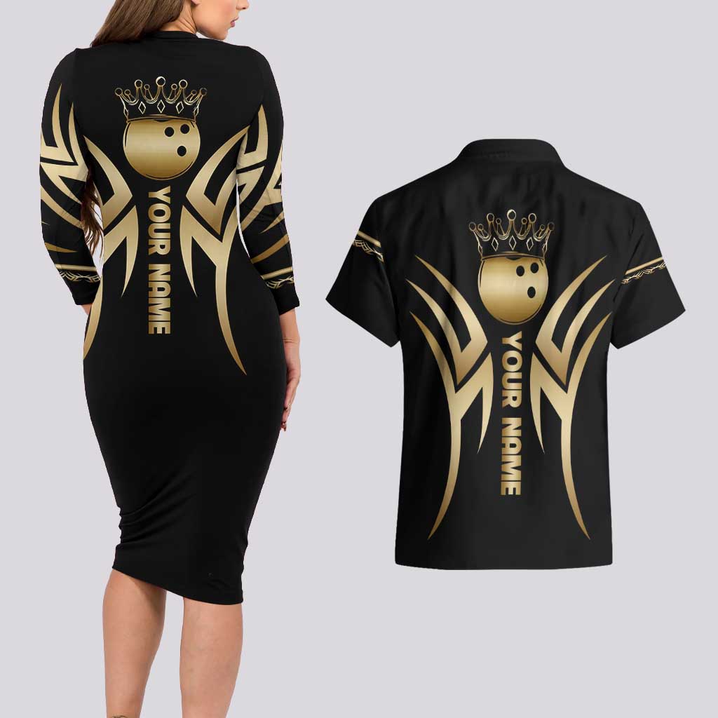 Personalized Golden Tribal Bowling Ball Emblem Couples Matching Long Sleeve Bodycon Dress and Hawaiian Shirt with Black Abstract Metallic Pattern - Wonder Print Shop