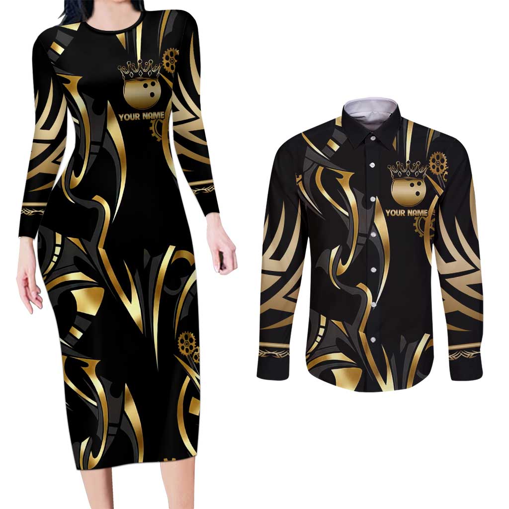 Personalized Golden Tribal Bowling Ball Emblem Couples Matching Long Sleeve Bodycon Dress and Long Sleeve Button Shirt with Black Abstract Metallic Pattern - Wonder Print Shop