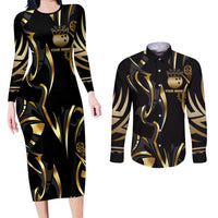Personalized Golden Tribal Bowling Ball Emblem Couples Matching Long Sleeve Bodycon Dress and Long Sleeve Button Shirt with Black Abstract Metallic Pattern - Wonder Print Shop