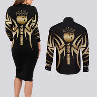 Personalized Golden Tribal Bowling Ball Emblem Couples Matching Long Sleeve Bodycon Dress and Long Sleeve Button Shirt with Black Abstract Metallic Pattern - Wonder Print Shop