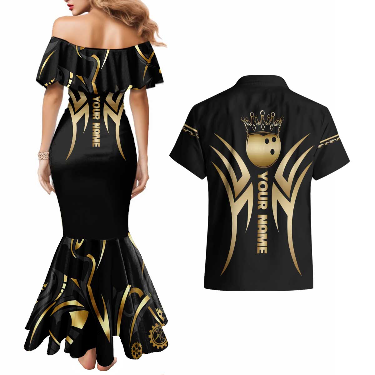 Personalized Golden Tribal Bowling Ball Emblem Couples Matching Mermaid Dress and Hawaiian Shirt with Black Abstract Metallic Pattern - Wonder Print Shop