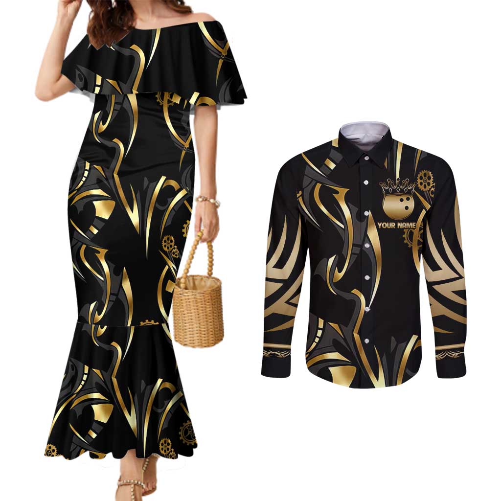 Personalized Golden Tribal Bowling Ball Emblem Couples Matching Mermaid Dress and Long Sleeve Button Shirt with Black Abstract Metallic Pattern - Wonder Print Shop