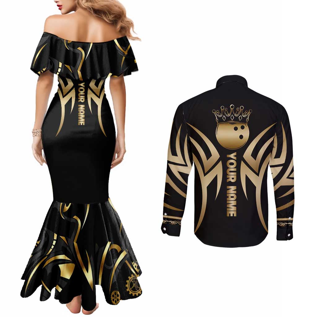 Personalized Golden Tribal Bowling Ball Emblem Couples Matching Mermaid Dress and Long Sleeve Button Shirt with Black Abstract Metallic Pattern - Wonder Print Shop