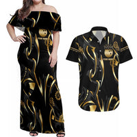 Personalized Golden Tribal Bowling Ball Emblem Couples Matching Off Shoulder Maxi Dress and Hawaiian Shirt with Black Abstract Metallic Pattern - Wonder Print Shop