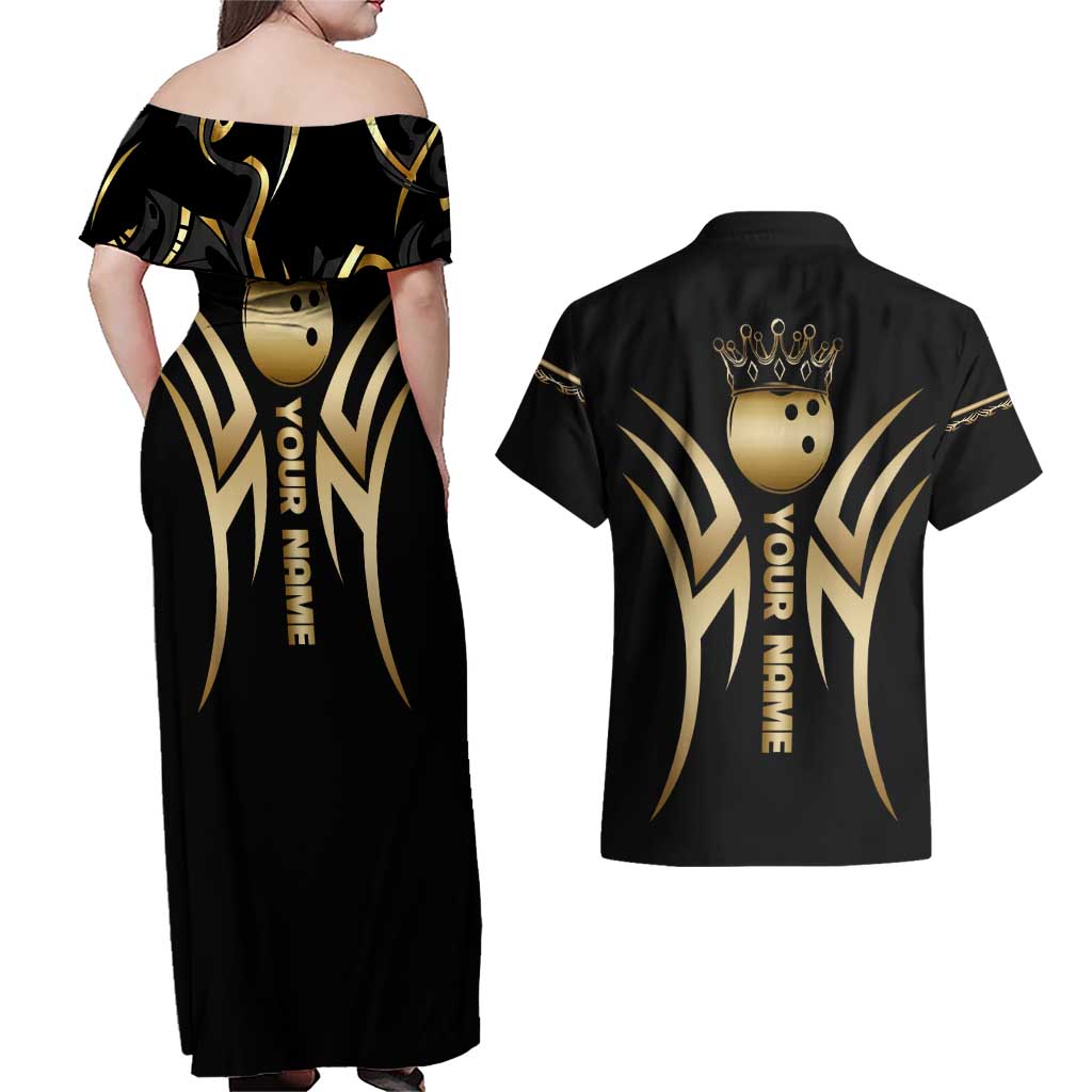 Personalized Golden Tribal Bowling Ball Emblem Couples Matching Off Shoulder Maxi Dress and Hawaiian Shirt with Black Abstract Metallic Pattern - Wonder Print Shop