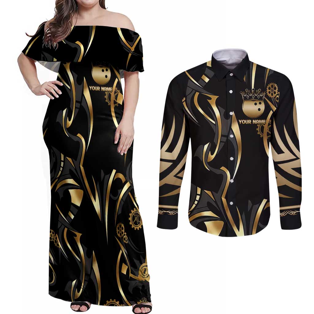Personalized Golden Tribal Bowling Ball Emblem Couples Matching Off Shoulder Maxi Dress and Long Sleeve Button Shirt with Black Abstract Metallic Pattern - Wonder Print Shop