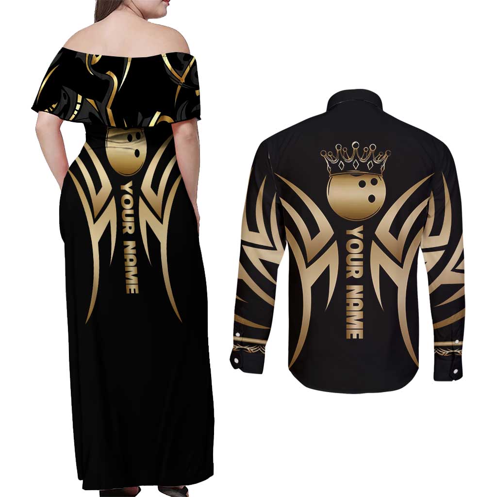 Personalized Golden Tribal Bowling Ball Emblem Couples Matching Off Shoulder Maxi Dress and Long Sleeve Button Shirt with Black Abstract Metallic Pattern - Wonder Print Shop