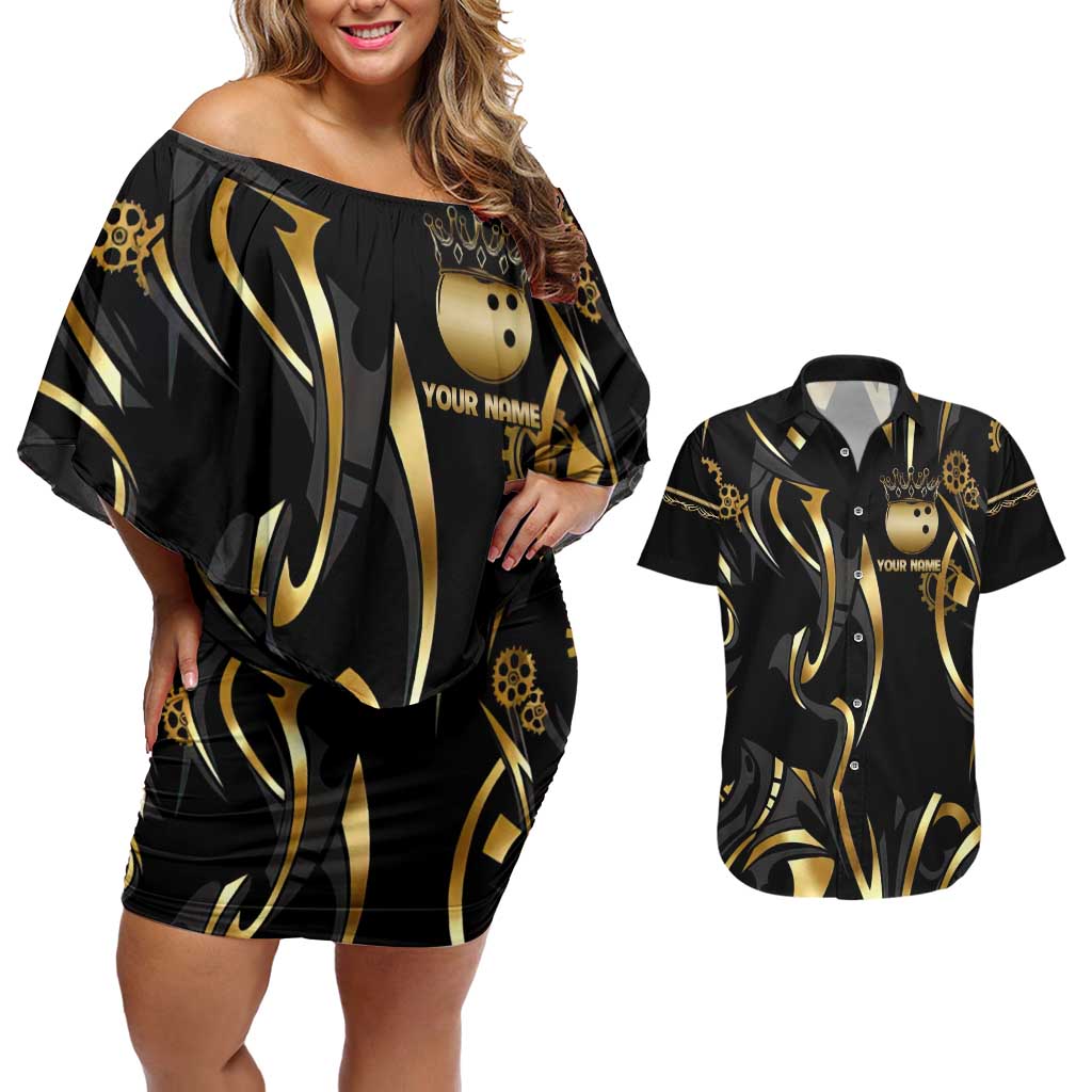Personalized Golden Tribal Bowling Ball Emblem Couples Matching Off Shoulder Short Dress and Hawaiian Shirt with Black Abstract Metallic Pattern - Wonder Print Shop
