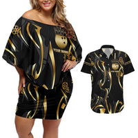 Personalized Golden Tribal Bowling Ball Emblem Couples Matching Off Shoulder Short Dress and Hawaiian Shirt with Black Abstract Metallic Pattern - Wonder Print Shop