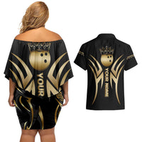 Personalized Golden Tribal Bowling Ball Emblem Couples Matching Off Shoulder Short Dress and Hawaiian Shirt with Black Abstract Metallic Pattern - Wonder Print Shop