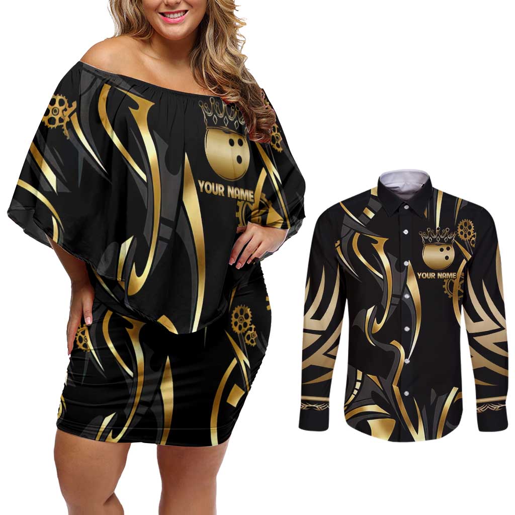 Personalized Golden Tribal Bowling Ball Emblem Couples Matching Off Shoulder Short Dress and Long Sleeve Button Shirt with Black Abstract Metallic Pattern - Wonder Print Shop