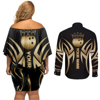 Personalized Golden Tribal Bowling Ball Emblem Couples Matching Off Shoulder Short Dress and Long Sleeve Button Shirt with Black Abstract Metallic Pattern - Wonder Print Shop