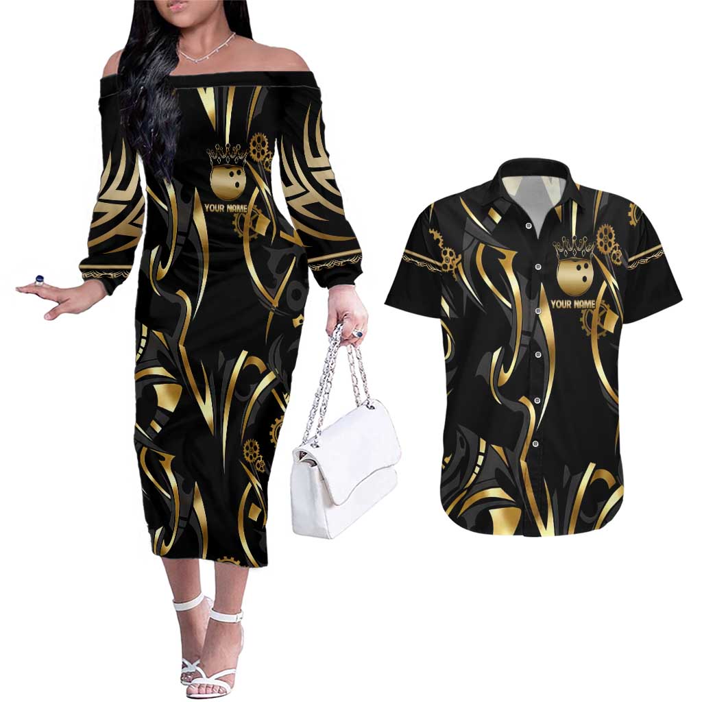 Personalized Golden Tribal Bowling Ball Emblem Couples Matching Off The Shoulder Long Sleeve Dress and Hawaiian Shirt with Black Abstract Metallic Pattern - Wonder Print Shop