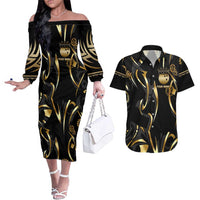 Personalized Golden Tribal Bowling Ball Emblem Couples Matching Off The Shoulder Long Sleeve Dress and Hawaiian Shirt with Black Abstract Metallic Pattern - Wonder Print Shop