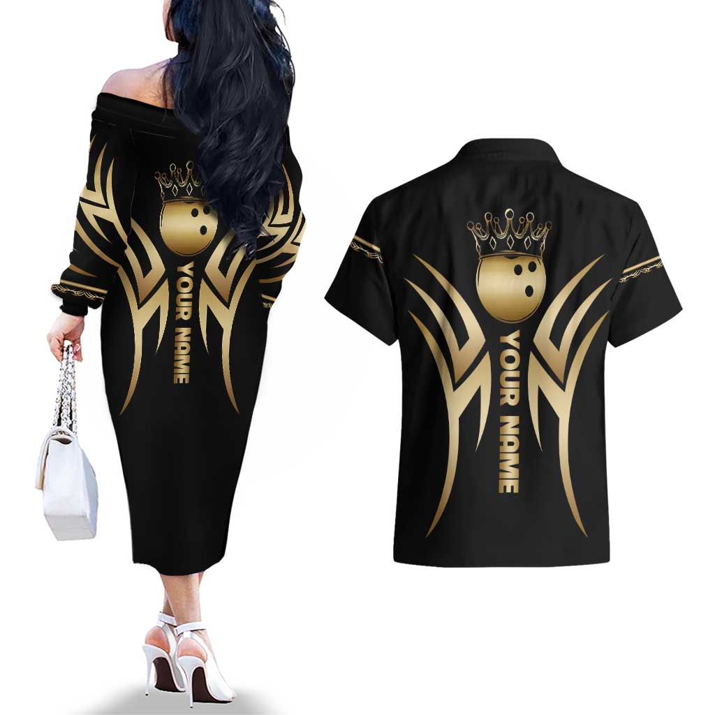 Personalized Golden Tribal Bowling Ball Emblem Couples Matching Off The Shoulder Long Sleeve Dress and Hawaiian Shirt with Black Abstract Metallic Pattern - Wonder Print Shop