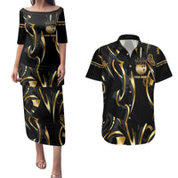 Personalized Golden Tribal Bowling Ball Emblem Couples Matching Puletasi and Hawaiian Shirt with Black Abstract Metallic Pattern - Wonder Print Shop
