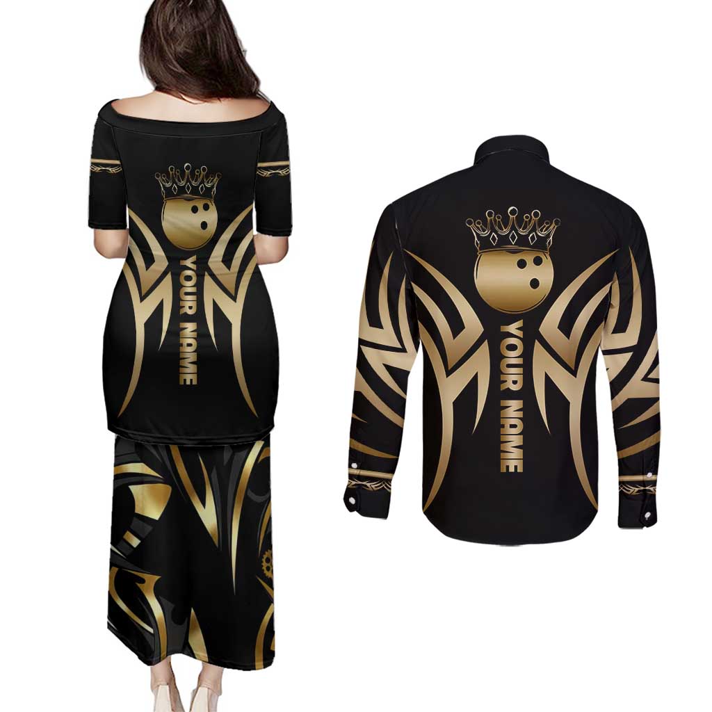 Personalized Golden Tribal Bowling Ball Emblem Couples Matching Puletasi and Long Sleeve Button Shirt with Black Abstract Metallic Pattern - Wonder Print Shop