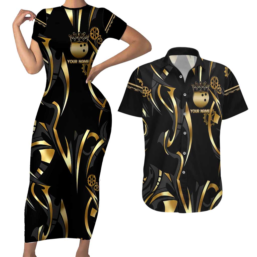 Personalized Golden Tribal Bowling Ball Emblem Couples Matching Short Sleeve Bodycon Dress and Hawaiian Shirt with Black Abstract Metallic Pattern - Wonder Print Shop