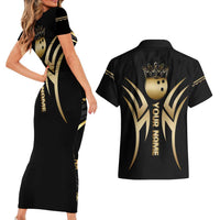 Personalized Golden Tribal Bowling Ball Emblem Couples Matching Short Sleeve Bodycon Dress and Hawaiian Shirt with Black Abstract Metallic Pattern - Wonder Print Shop