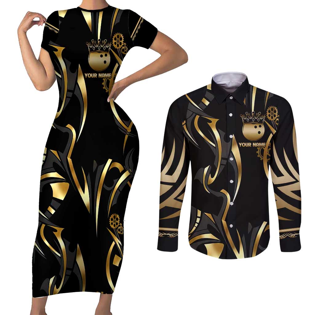 Personalized Golden Tribal Bowling Ball Emblem Couples Matching Short Sleeve Bodycon Dress and Long Sleeve Button Shirt with Black Abstract Metallic Pattern - Wonder Print Shop