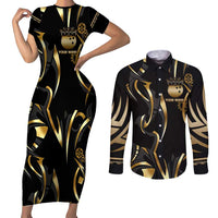 Personalized Golden Tribal Bowling Ball Emblem Couples Matching Short Sleeve Bodycon Dress and Long Sleeve Button Shirt with Black Abstract Metallic Pattern - Wonder Print Shop