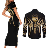 Personalized Golden Tribal Bowling Ball Emblem Couples Matching Short Sleeve Bodycon Dress and Long Sleeve Button Shirt with Black Abstract Metallic Pattern - Wonder Print Shop