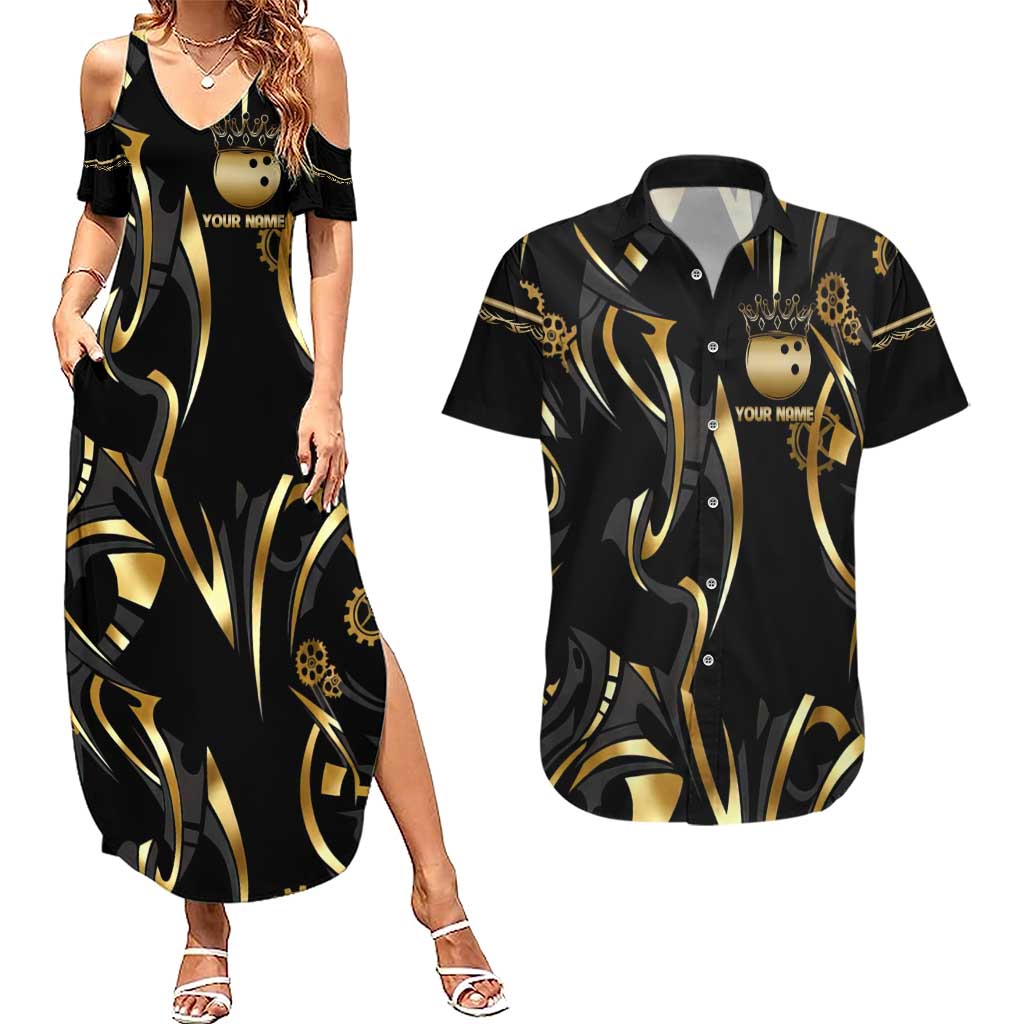 Personalized Golden Tribal Bowling Ball Emblem Couples Matching Summer Maxi Dress and Hawaiian Shirt with Black Abstract Metallic Pattern - Wonder Print Shop