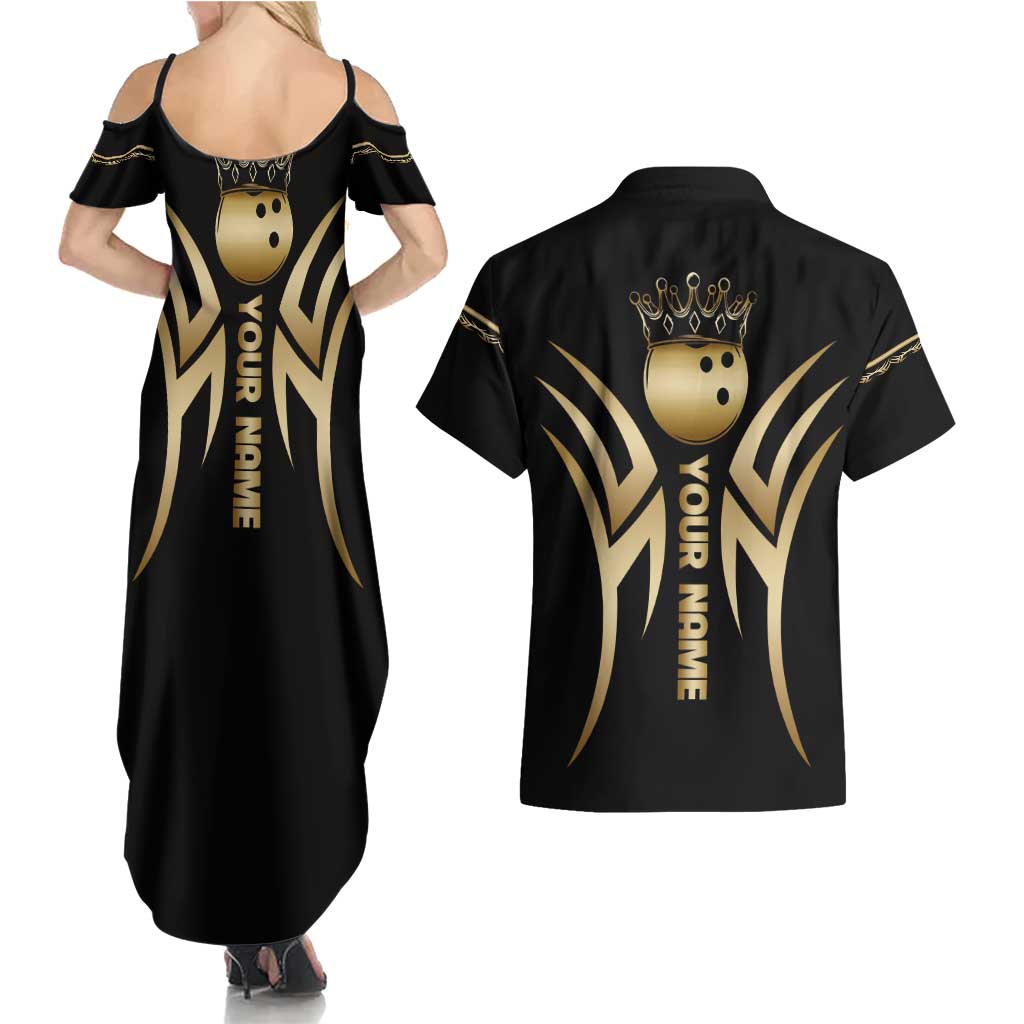 Personalized Golden Tribal Bowling Ball Emblem Couples Matching Summer Maxi Dress and Hawaiian Shirt with Black Abstract Metallic Pattern - Wonder Print Shop