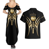 Personalized Golden Tribal Bowling Ball Emblem Couples Matching Summer Maxi Dress and Hawaiian Shirt with Black Abstract Metallic Pattern - Wonder Print Shop