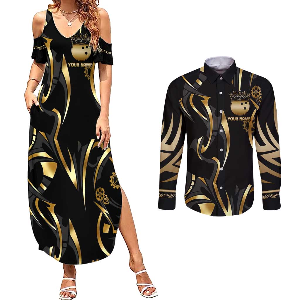 Personalized Golden Tribal Bowling Ball Emblem Couples Matching Summer Maxi Dress and Long Sleeve Button Shirt with Black Abstract Metallic Pattern - Wonder Print Shop